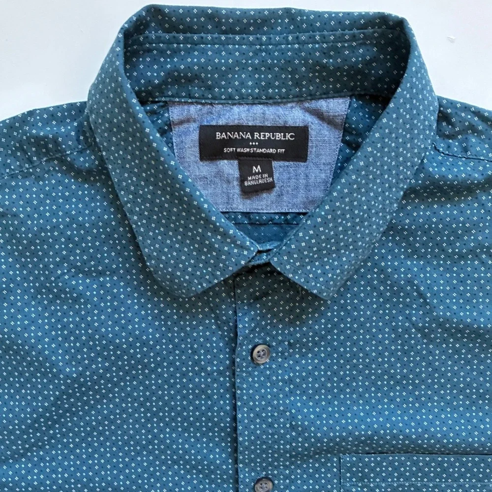 Banana Republic Mens Teal Blue Geometric Soft Wash Cotton Shirt Medium